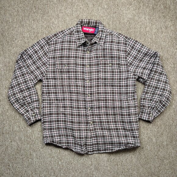Vintage WRANGLER Plaid Flannel Shacket Men's Medium Brown Quilt Lined Outdoors - Picture 1 of 8